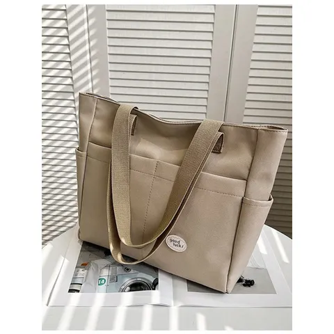 Casual Canvas Tote Bag For Women Large Capacity Commuter Handbag Japanese Style Minimalist Shoulder Bag With Pockets