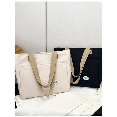 Casual Canvas Tote Bag For Women Large Capacity Commuter Handbag Japanese Style Minimalist Shoulder Bag With Pockets