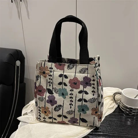 Sac Cabas en Tissu Jacquard Vintage Sac à Main Décontracté pour Trajet Motif Papillon Floral Fermeture Éclair Sac d'Épaule Quotidien