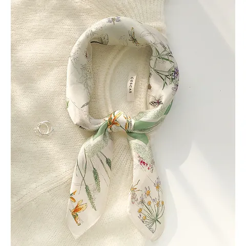 Foulard Carré en Soie de Mûrier pour Femmes Satin Crêpe Uni Imprimé Floral Botanique Mode Élégant Foulard de Cou
