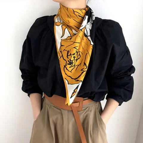 Bufanda de Seda Retro Francesa para Mujer Pañuelo Cuadrado de Seda de Morera Estampado Floral Bufanda de Cuello de Moda