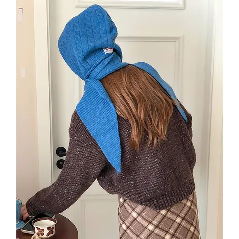 Winter Cable Knit Wool Blend Balaclava Hooded Scarf Integrated Hat Solid Color Windproof Warm Beanie Scarf Combo For Unisex