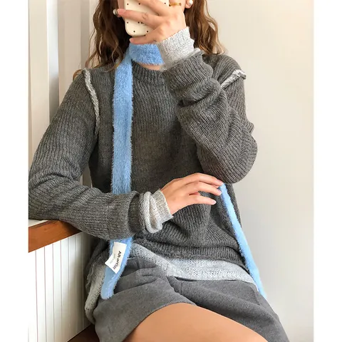 Women Minimalist Long Narrow Plush Scarf Polyester Yarn Dyed Warm Keeping Everyday Fashion Layering Accessories Neck Warmer