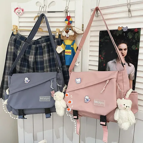 Japanese Harajuku Style Large Capacity Messenger Bag For Women Student Casual Preppy Nylon Letter Print Flap Shoulder Bag
