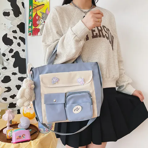 Korean Style Ulzzang Nylon Color Block Crossbody Bag Multi-Pocket Morigirl Student School Messenger Bag For Women Girls