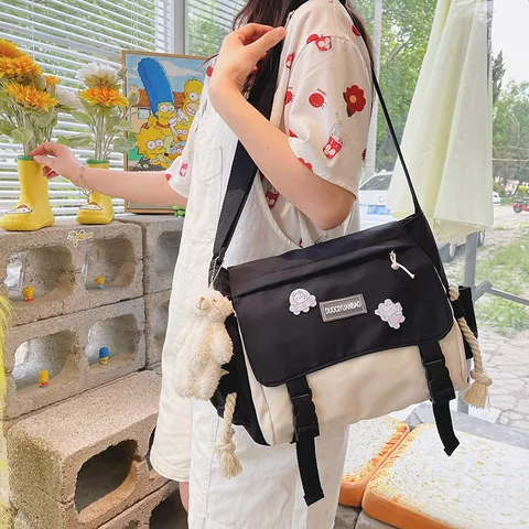 Harajuku Vintage Patchwork Messenger Bag Large Capacity Nylon Crossbody Shoulder Bag For Students Japanese Style School Bag