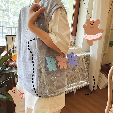 Borsa Tote in PVC Trasparente da Donna Stampa Orso Cartone Animato Giapponese Borsa a Tracolla Jelly Borsa per Studenti Borsa a Mano Casual