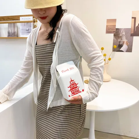 Borsa a Tracolla da Donna Creativa a Forma di Scatola Takeout in Pelle PU Stile Cinese Stampa Pagoda Thank You Borsa a Spalla