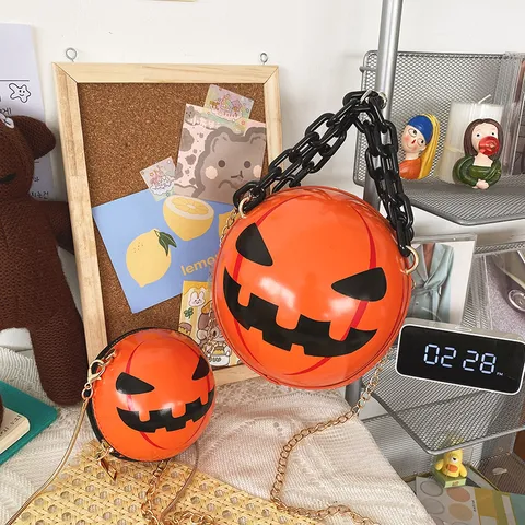 Halloween Pumpkin Devil PU Leather Crossbody Bag Novelty Round Shoulder Bag With Thick Acrylic Chain For Women Trendy Party