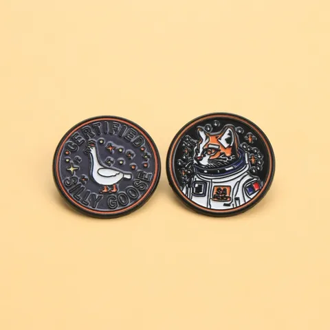 Cute Cartoon Alloy Baked Enamel Round Brooch Pin Astronaut Cat Silly Goose Badge Pack Clothing Accessories Jewelry Gift For Kids Friend