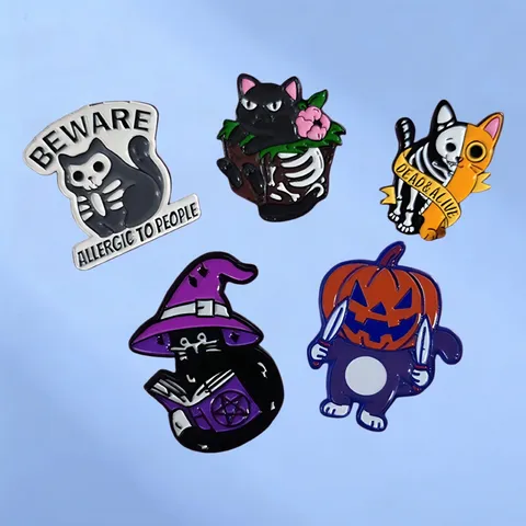 Halloween Dark Style Cat Enamel Brooch Spooky Skeleton Pumpkin Cat Enamel Pin Funny Cartoon Animal Badge Jewelry Gift For Party Clothing Accessories