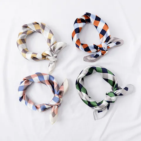 Kariert Satin Quadratisches Halstuch Damen Seidig Bedruckt Nackenschal Mode Haarband Taschentuch Dekorativ Kopftuch Zubehör