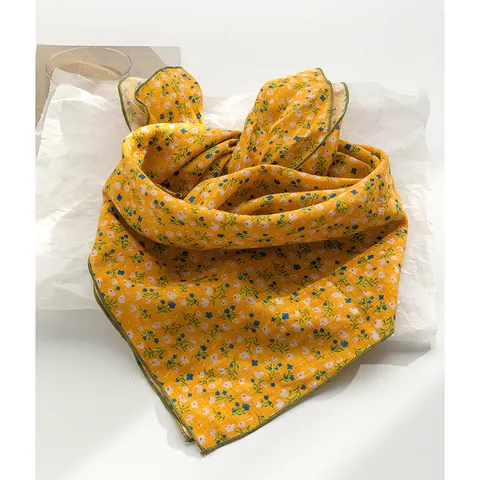 Carré de Soie Coton Jaune Petit Motif Floral Pastoral Imprimé Doux Bandana Foulard Cheveux pour Femmes Châle Décoratif