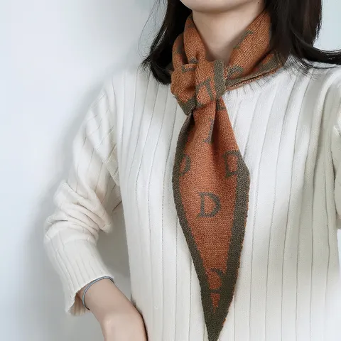 Damen Gestrickt Dreieckstuch Geometrischer Monogramm Druck Herbst Winter Kontrastrand Halswärmer Schal Eleganter Dekorativer Schal