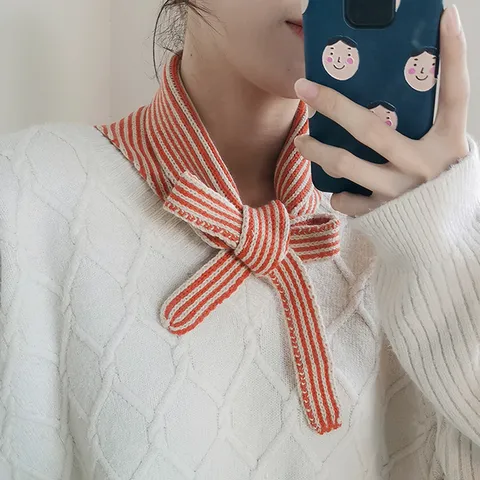 Women Knitted Striped Scarf Autumn Winter Warm Neck Scarf Versatile Korean Sweet Bow Tie Little Scarf Neck Scarf Accessories