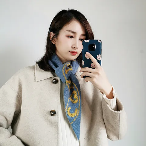 Women's Knitted Scarf Shawl Vintage Geometric Letter Print Winter Warm Triangle Neckerchief Accessories