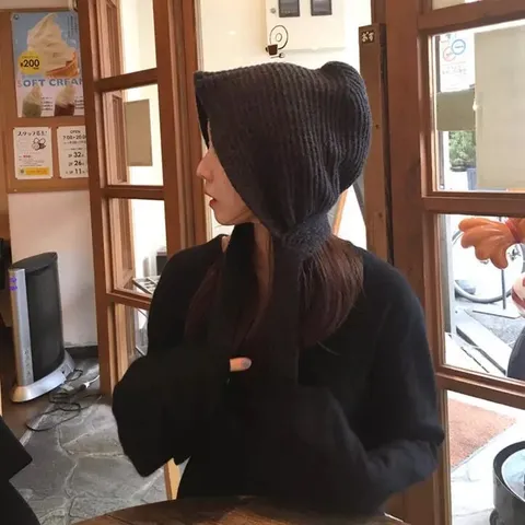 Donna Inverno Caldo Berretto Sciarpa con Cappuccio Tinta Unita Protezione Orecchie Chic Stile Coreano Maglia in Catena Elastan