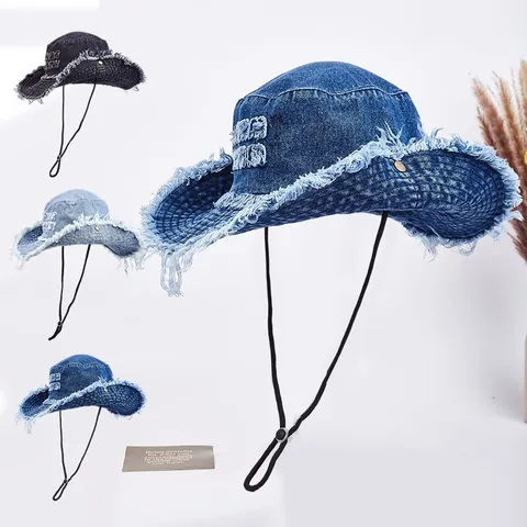 Vintage Distressed Denim Bucket Hat Women Men Western Cowboy Sun Protection Casual Outdoor Hiking Fisherman Cap