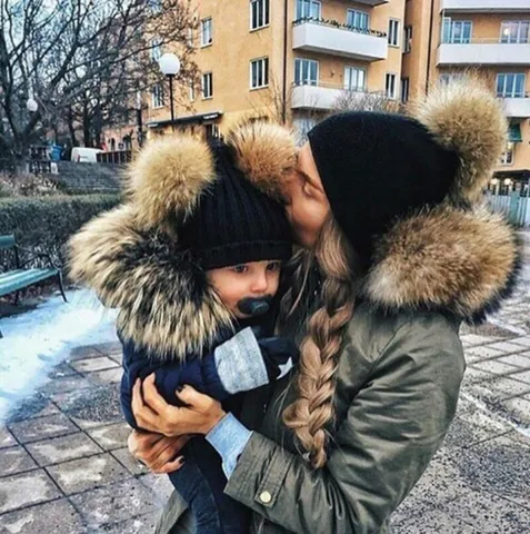 Women Kids Winter Warm Knit Beanie Hat Double Pom Pom Parent Child Matching Thick Soft Slouchy Skull Cap