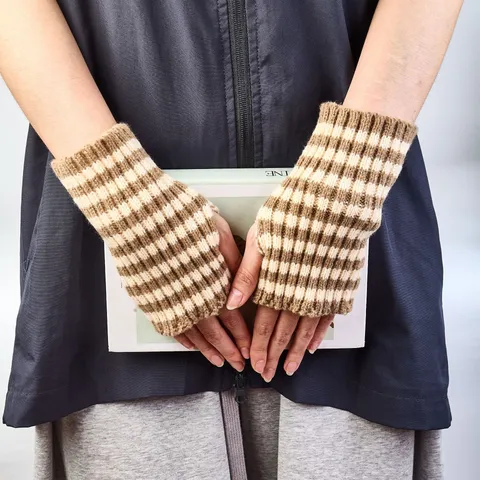 Women Autumn Winter Striped Knitted Gloves Cute Student Writing Fingerless Warm Wrist Guard Acrylic Fashion Handwear
