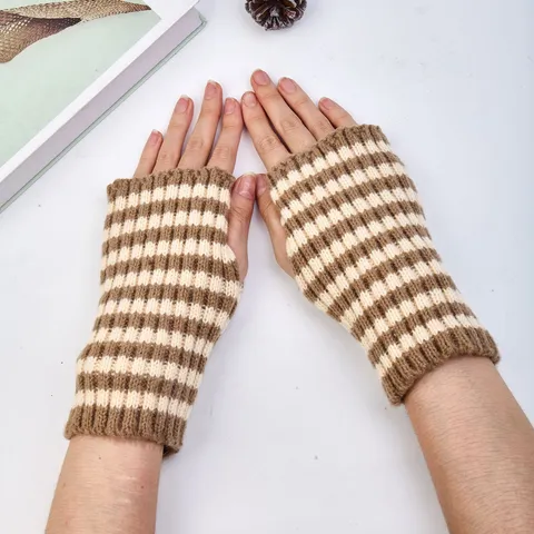 Women Autumn Winter Striped Knitted Gloves Cute Student Writing Fingerless Warm Wrist Guard Acrylic Fashion Handwear