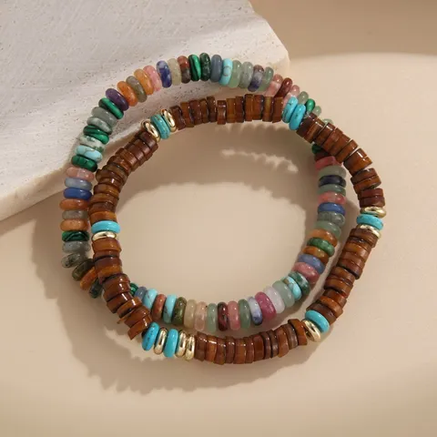 Vintage Halfedelsteen Schelp Kralen Elastische Armband Voor Vrouwen Boheems Handgemaakt Stretch Turkoois Hout Sieraden Cadeau