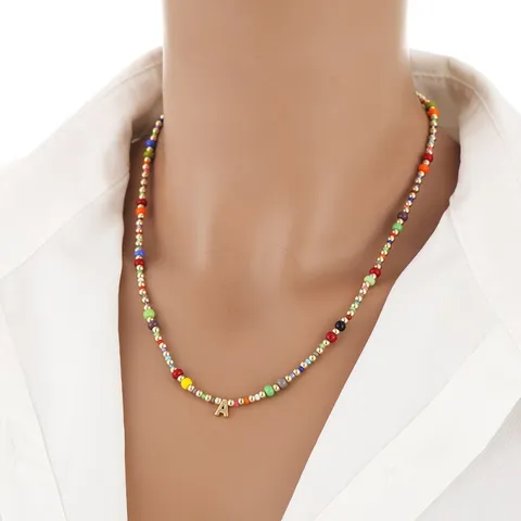 Collana Bohemien di Perline di Vetro Colorate Donna Ciondolo Lettera Iniziale Placcato Oro Gioielli Artigianali Collana Alfabeto