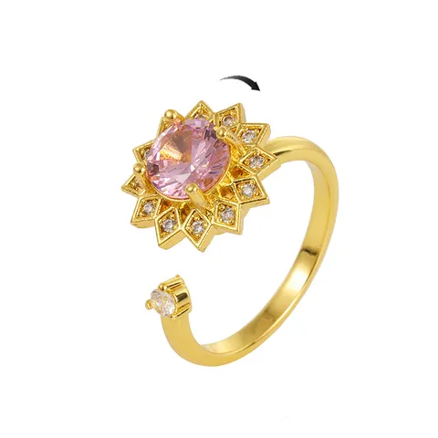 Drehbarer Blumen Ring Zur Stressbewältigung Für Damen Anti-Angst Fidget Ring Vergoldet Zirkonia Verstellbar Offener Ring