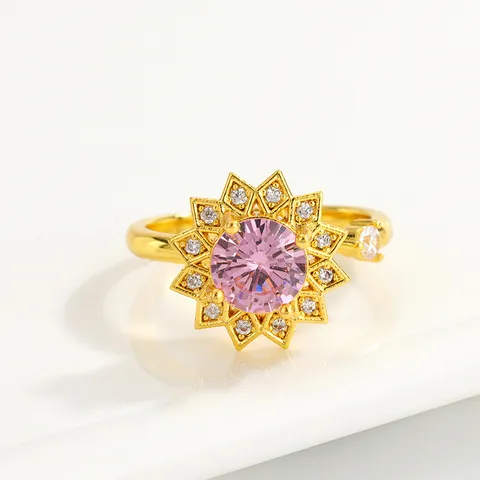 Drehbarer Blumen Ring Zur Stressbewältigung Für Damen Anti-Angst Fidget Ring Vergoldet Zirkonia Verstellbar Offener Ring