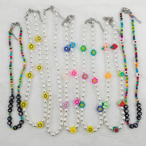 Collana di Perline Fatta a Mano per Donna Stile Bohemien Perla Artificiale Fiore in Argilla Faccina Frutta Gioielli Estate Spiaggia Choker