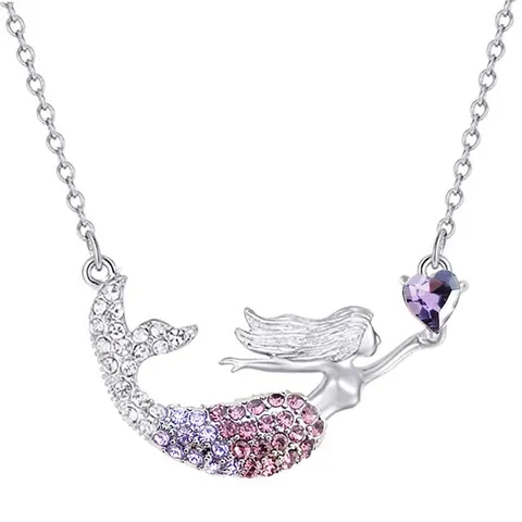 Collier Pendentif Cœur Queue de Sirène Dégradé Strass Chaîne Clavicule Acier Inoxydable Alliage Bijoux pour Femmes