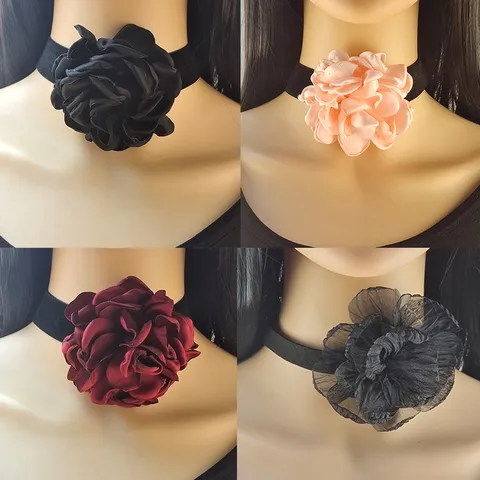 Girocollo Fatto a Mano Vintage Francese con Fiore di Camelia Collana in Tessuto con Rosa Floreale Gioielli da Festa Donna