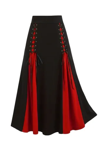 Women Gothic High Waist A-Line Midi Skirt Contrast Red Black Splicing Lace Up Eyelet Elegant Flare Skater Skirt