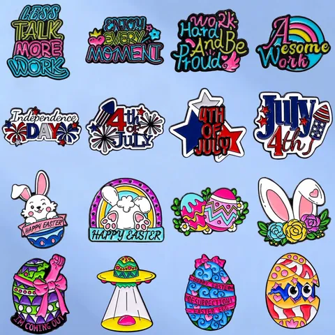 Funny Alloy Enamel Brooch Pin Set Motivational Text Independence Day Easter Lapel Pins For Backpack Clothing Accessories Gift Women Men
