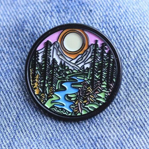 Round Alloy Enamel Landscape Brooch Badge Mountain River Sunset Nature Scenery Lapel Pin Jewelry Gift For Clothes Bags Decoration