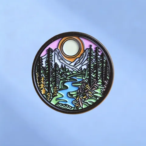 Round Alloy Enamel Landscape Brooch Badge Mountain River Sunset Nature Scenery Lapel Pin Jewelry Gift For Clothes Bags Decoration