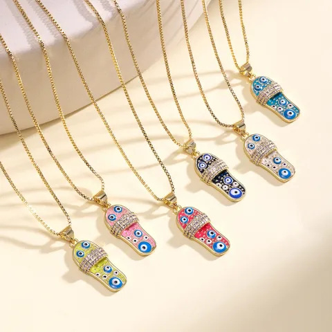 Turkish Evil Eye Flip Flop Pendant Necklace For Women Copper 18K Gold Plated Enamel Slipper Zirconia Rhinestone Box Chain Fashion Jewelry