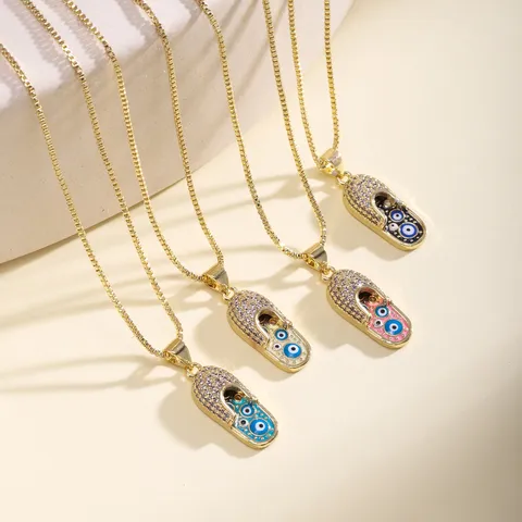 Bohemian Gold Plated Brass Evil Eye Slipper Pendant Necklace For Women Zirconia Enamel Slipper Charm Clavicle Chain Jewelry Gift