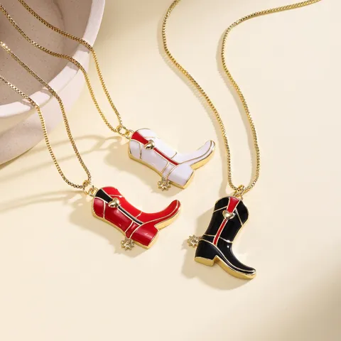 Enamel Cowboy Boot Pendant Necklace Zirconia Heart Western Boot Necklace For Women Gold Plated Jewelry Gift