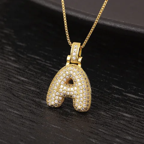 18K Gold Plated Copper Bubble Initial Pendant Necklace Full Zirconia Alphabet Letter Necklace For Women Men Unisex Jewelry Gift