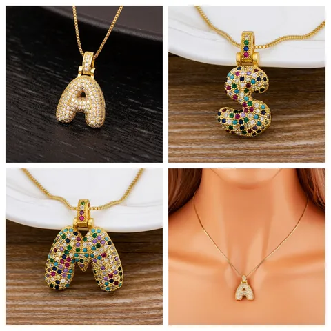 18K Gold Plated Copper Bubble Letter A-Z Pendant Necklace For Women Micro Pave Zirconia Initial Choker Fashion Jewelry Gift