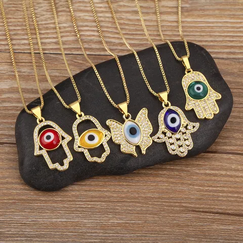 18K Gold Plated Zirconia Evil Eye Hamsa Hand Butterfly Pendant Necklace For Women Men Hollow Jewelry Necklaces Gift