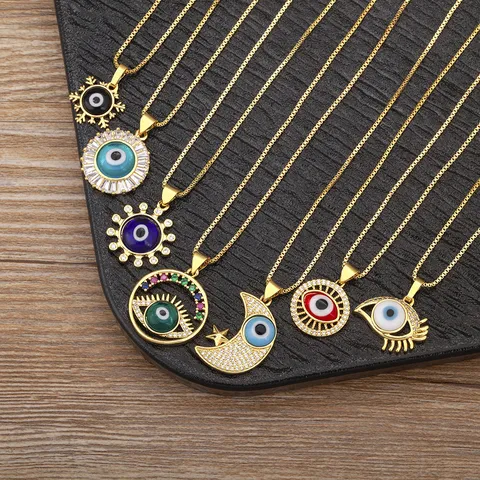 Collana con Ciondolo Malocchio in Rame Placcato Oro 18K per Uomo Donna Geometrica Svuotata Occhi Turchi Cuore Stella Strass Catena Gioielli Moda