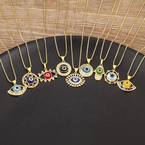 18K Gold Plated Copper Evil Eye Necklace Zirconia Geometric Turkey Blue Eye Pendant Necklace For Women Men Jewelry Gift