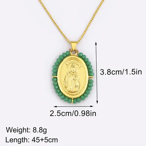 Collier Pendentif San Judas Religieux en Cuivre Plaqué Or 18K Perles Acryliques Colorées Zirconia Collier Médaillon Ovale Saint Jude Bijoux Rétro Unisexe