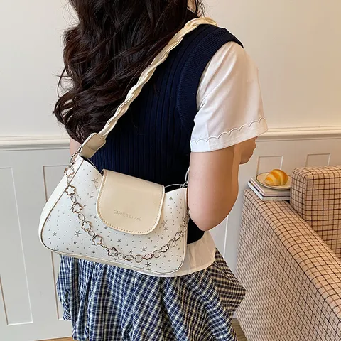 Womens Fashion PU Leather Shoulder Bag Casual Crossbody Underarm Bag Star Embossed Chain Handbag Daily Purse