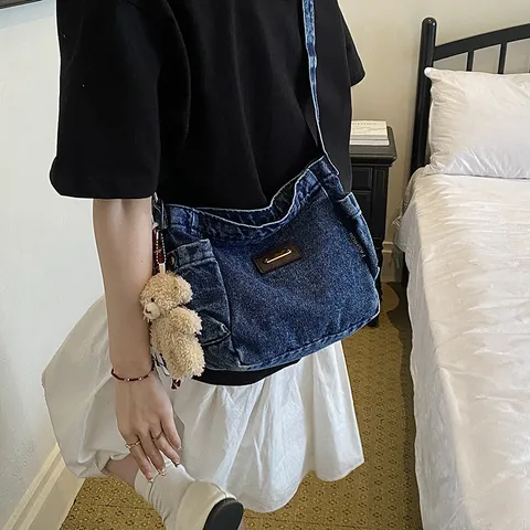 Women's Casual Denim Tote Bag Large Capacity Minimalist Shoulder Crossbody Bag Fashion Commuting Handbag With Pendant