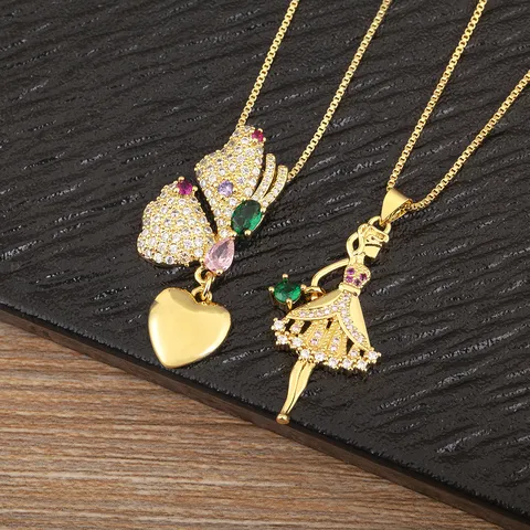 18k Gold Plated Ballerina Girl Heart Butterfly Pendant Necklace Designer Copper Zirconia Inlaid Box Chain Necklace Jewelry Gift
