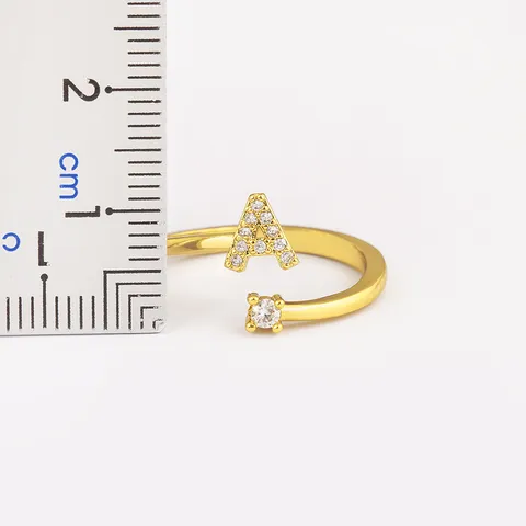 18K Gold Plated Copper Micro Pave Zirconia Alphabet Open Ring Minimalist Adjustable Initial Ring Fashion Jewelry For Women