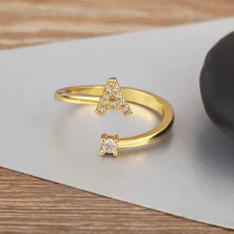 18K Gold Plated Copper Micro Pave Zirconia Alphabet Open Ring Minimalist Adjustable Initial Ring Fashion Jewelry For Women